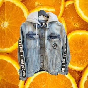 Ecko Unltd Mens Denim Jacket Light Wash Hooded Logo Tape Sleeve Blue‎ Medium